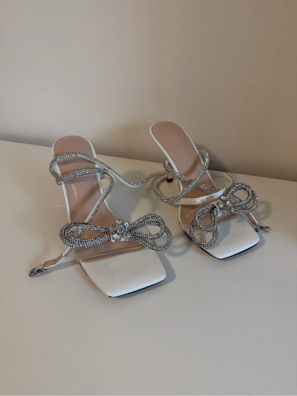White Rhinestone Bow Heels Sandals Strappy Lace Up Pumps Wedding Shoes, Size 7 - Picture 6 of 6